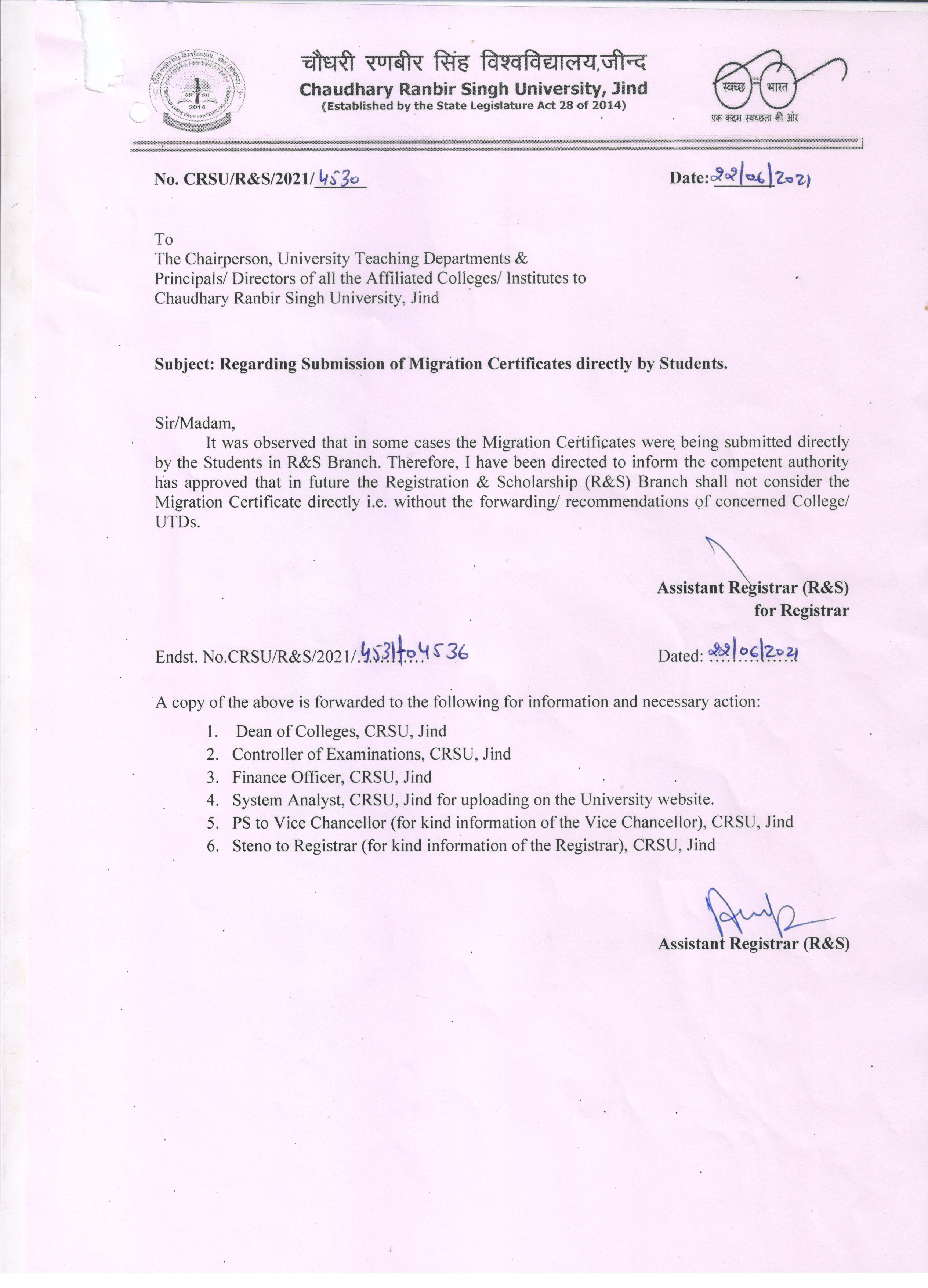 Regarding Submission of Migration Certificate by the students 